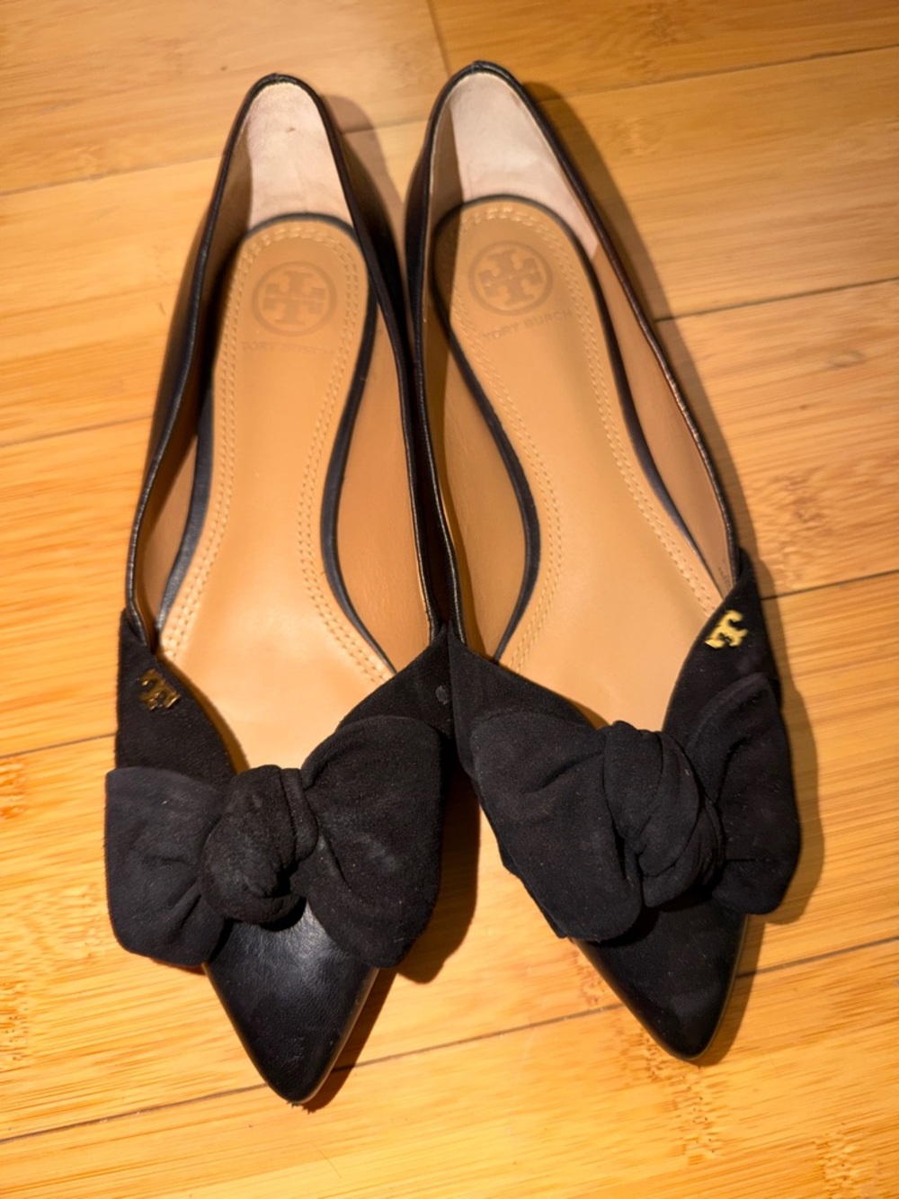 Tory Burch Black Pointed-Toe Bow Flats